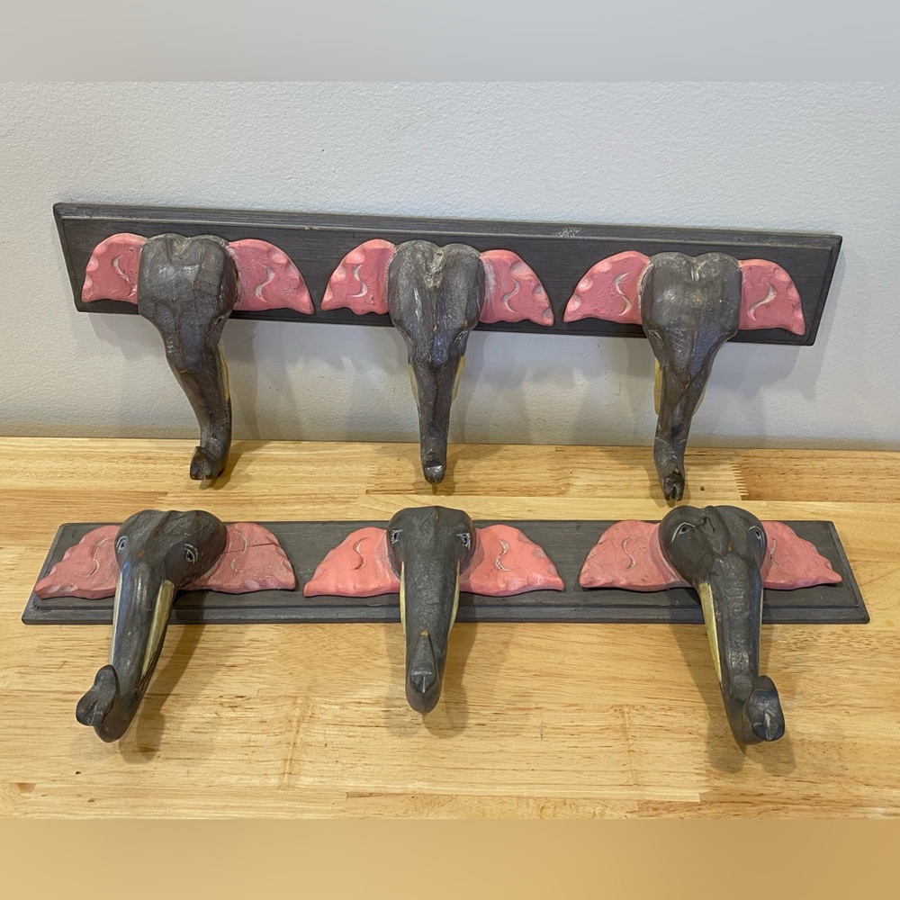 Set of 2 Pier 1 Carved Wood Elephant Wall Mount Coat Hat Hooks Nursery Decor EUC